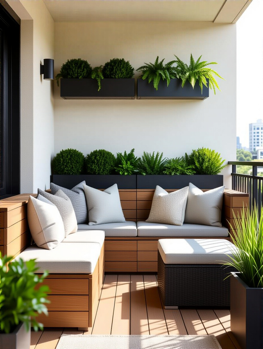 Balcony with built-in storage bench, hidden compartments, and planters—organized and inviting.