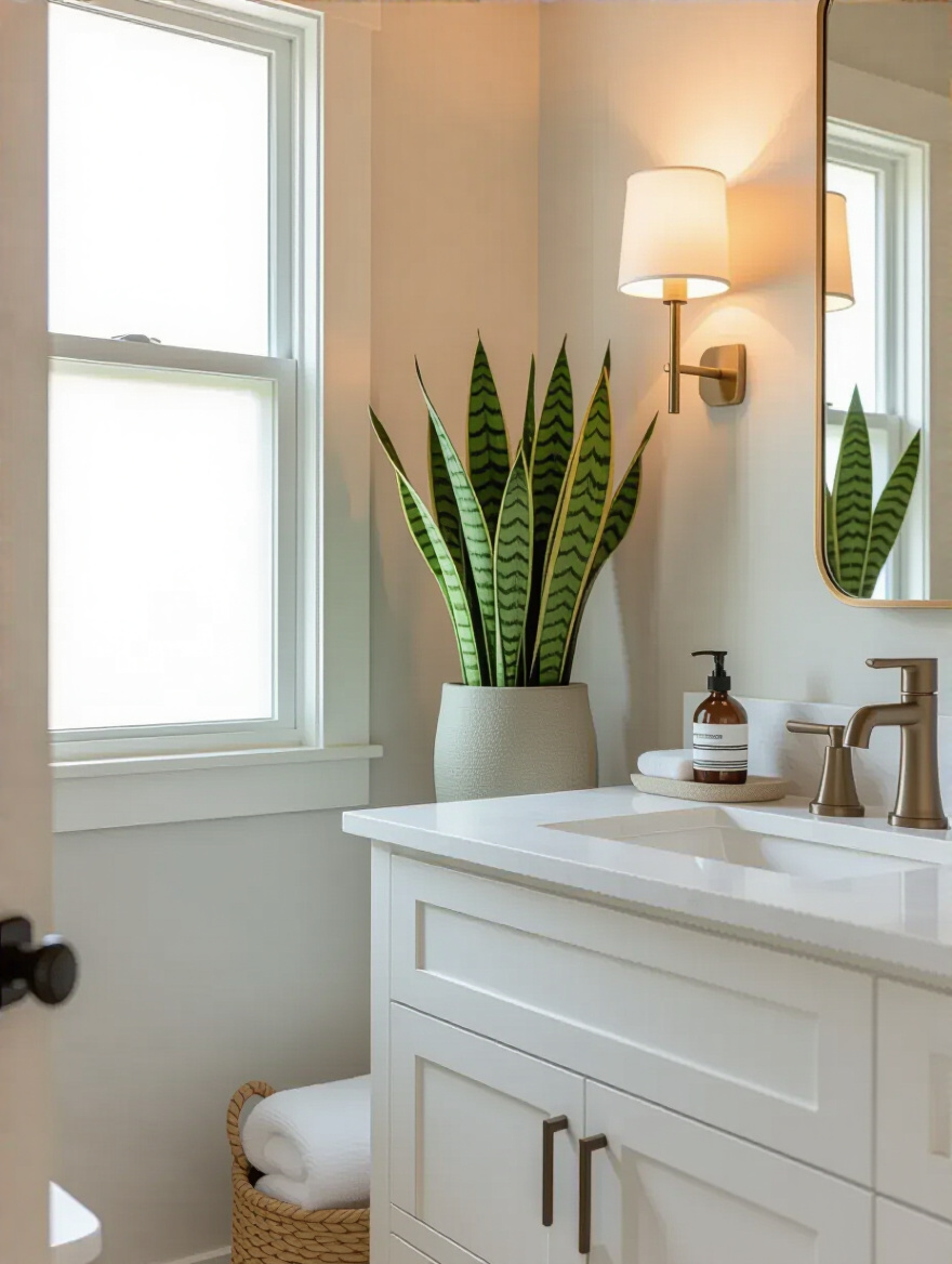 Powder room with greenery and reed diffuser