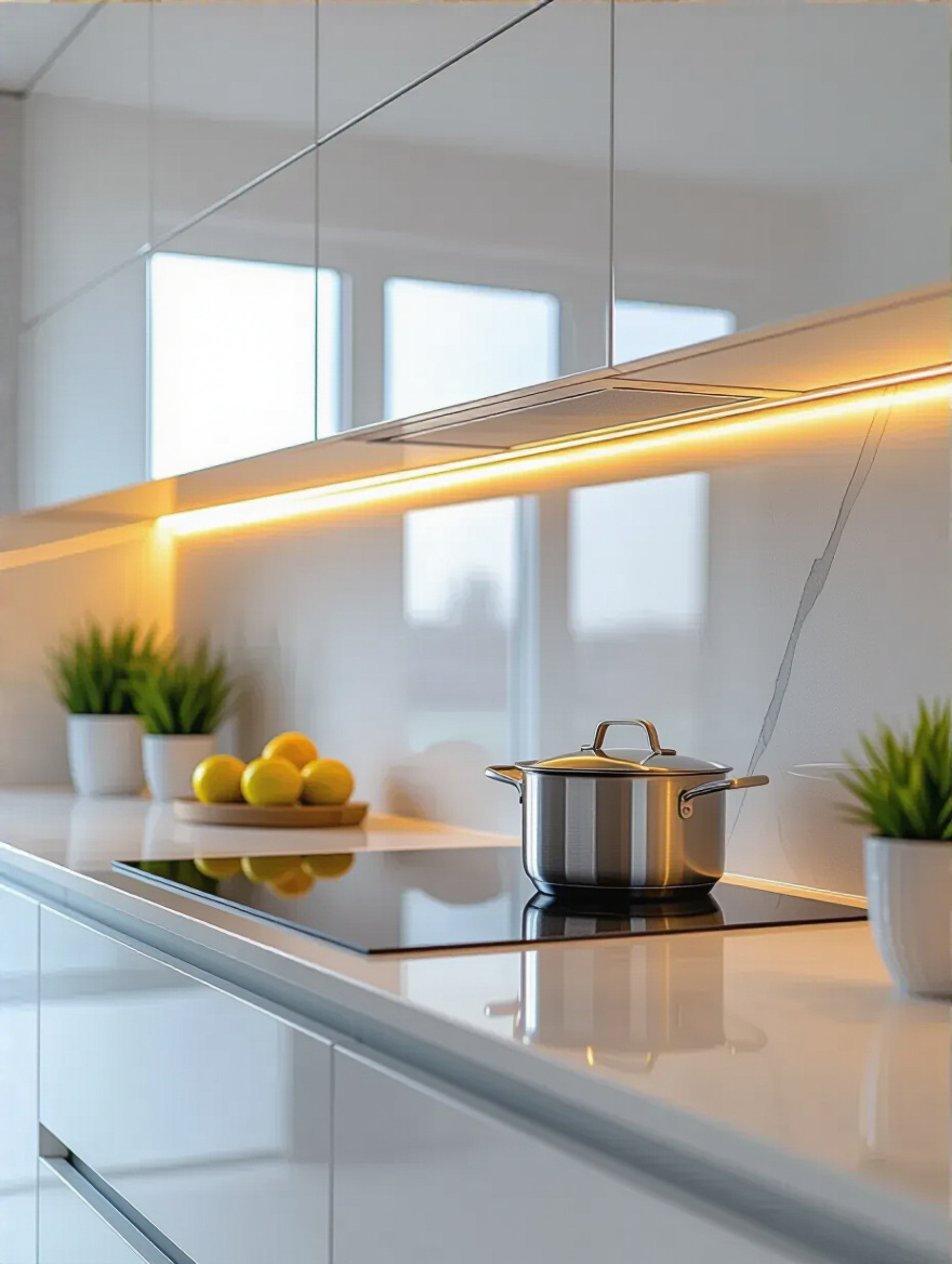 A modern kitchen showcasing a sleek, full-height porcelain smart backsplash with integrated LED lighting, offering both visual elegance and easy cleaning.