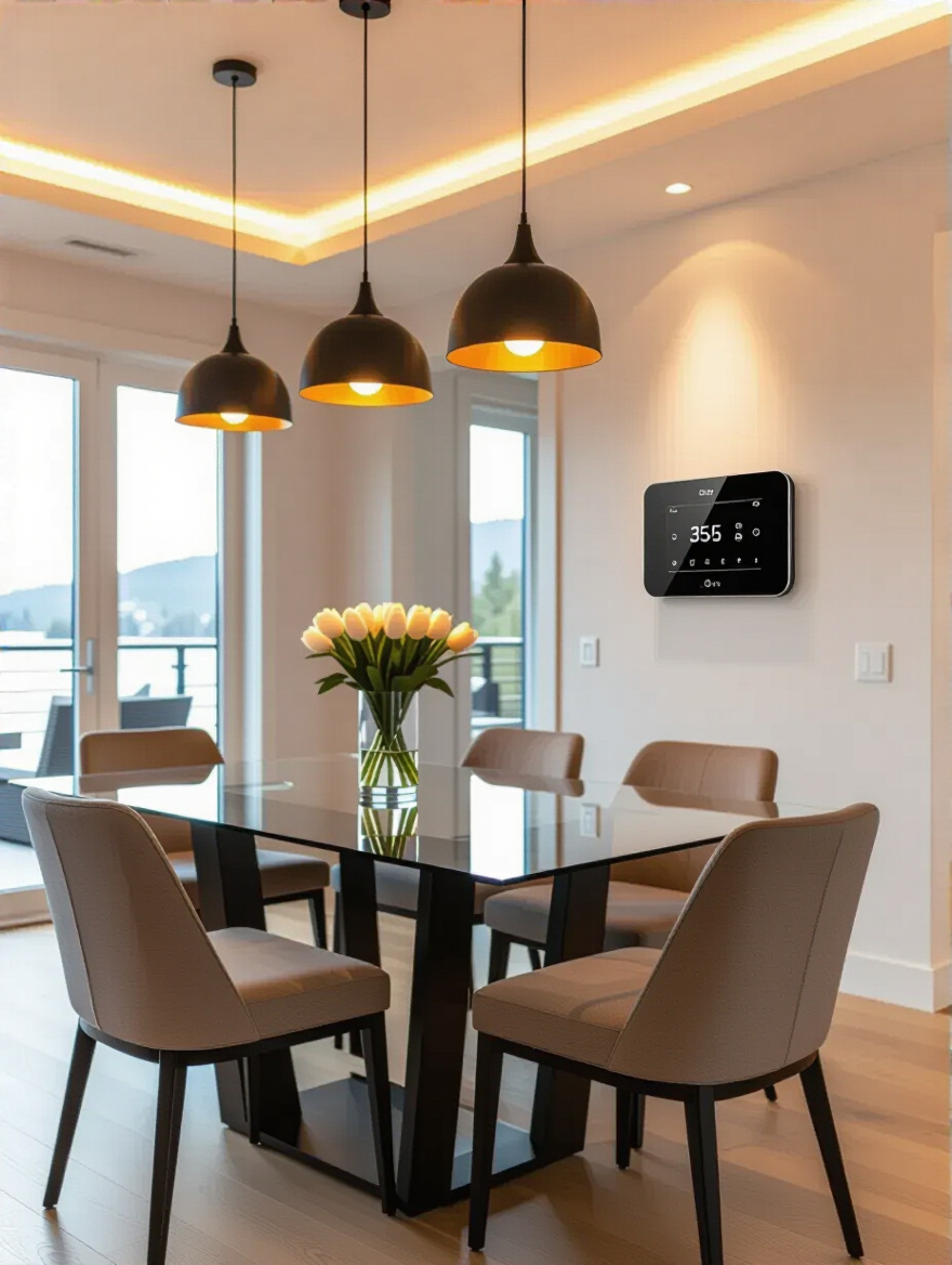 Portrait view of a modern dining room with smart lighting and thermostat controls