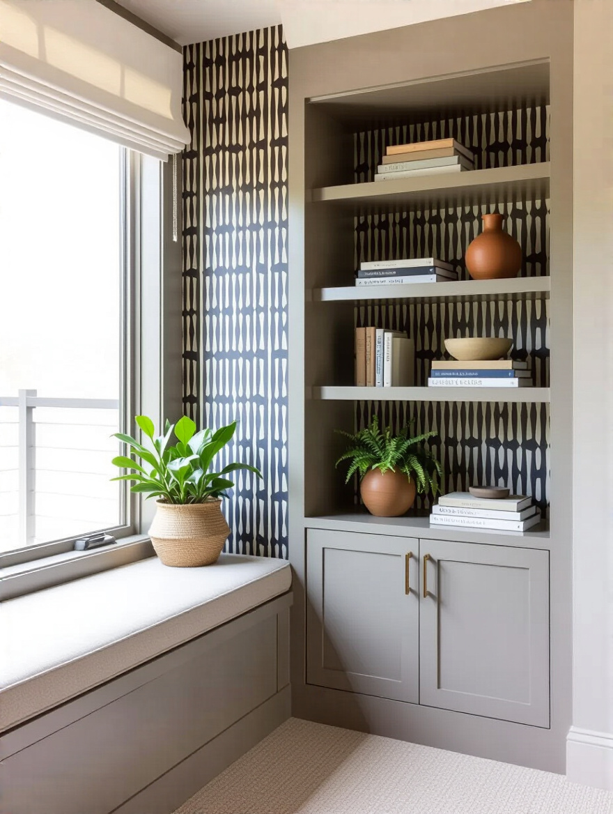 Bedroom alcove wallpapered back panel inside a bookcase