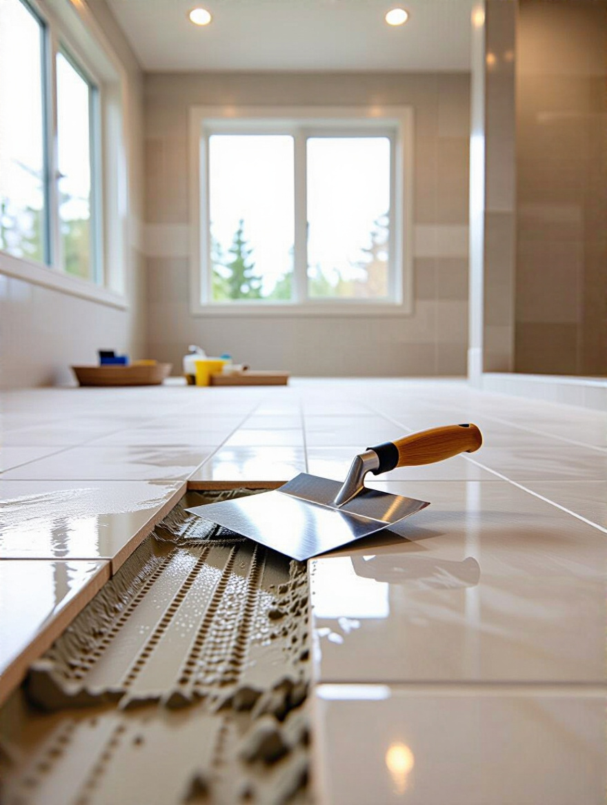 Portrait view of bathroom floor tile installation showing adhesive and trowel detail