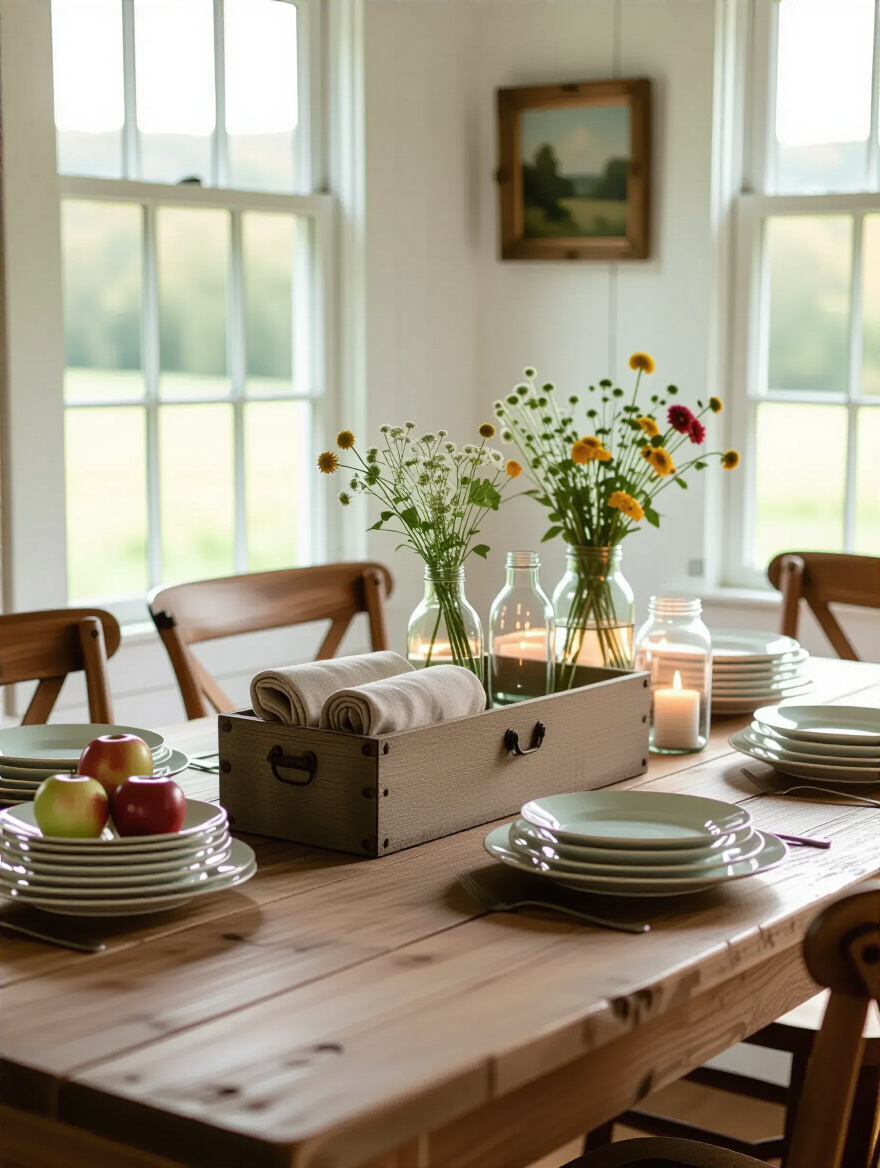 Farmhouse dining table decorated with everyday objects like a wooden toolbox centerpiece holding napkins and bottles, enamelware with fruit, and mason jars with candles.