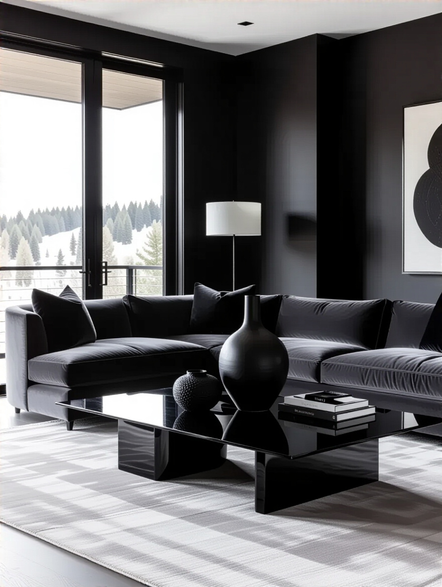 Luxurious living room showcasing varied matte, charcoal, and glossy black tones in walls, velvet sofa, polished coffee table, and ceramic decor, creating immense depth and visual interest in a monochromatic scheme.