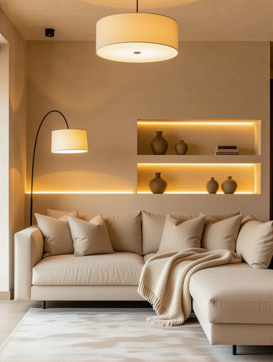 A beautifully designed beige living room showcasing perfect layered lighting. A floor lamp provides focused task lighting next to a sofa, an overhead pendant gives ambient glow, and accent lighting highlights decor on shelves, creating a warm, multi-dimensional space.