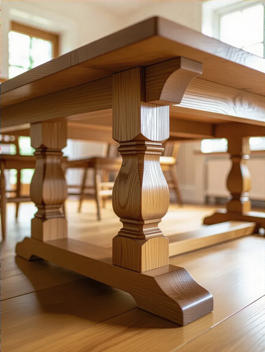 Close-up of the underside of a farmhouse dining table, revealing strong mortise and tenon wood joinery and thick, stable legs, symbolizing excellent construction quality and stability.