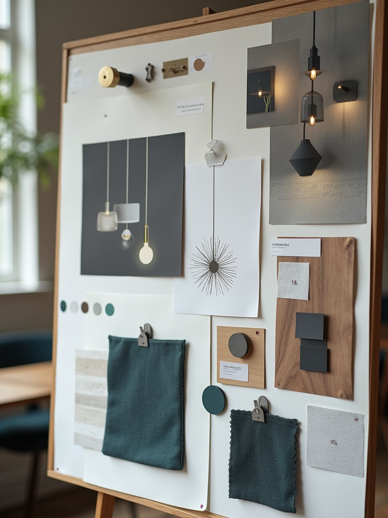 Portrait view of a meticulously curated mood board showcasing various elements for modern dining room lighting, including fixture images, material samples, and color swatches.