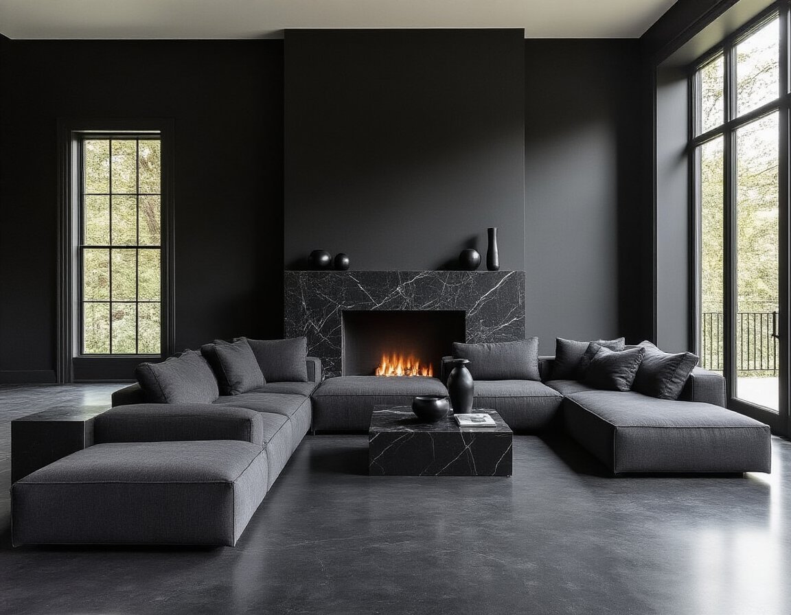 professional photograph of a contemporary black living room