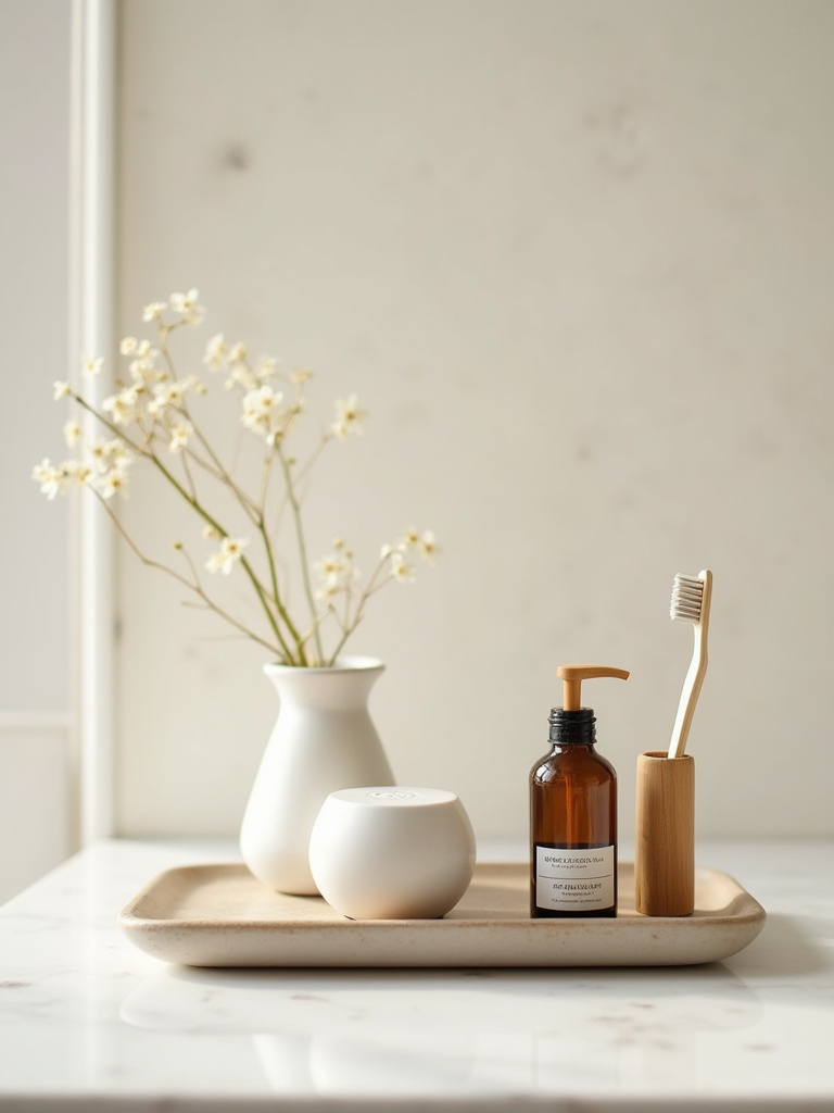 A meticulously organized organic bathroom counter, featuring a handcrafted stoneware tray holding a ceramic soap dispenser, glass facial oil bottle, and bamboo toothbrush holder, bathed in soft, natural light, symbolizing a serene and decluttered space.
