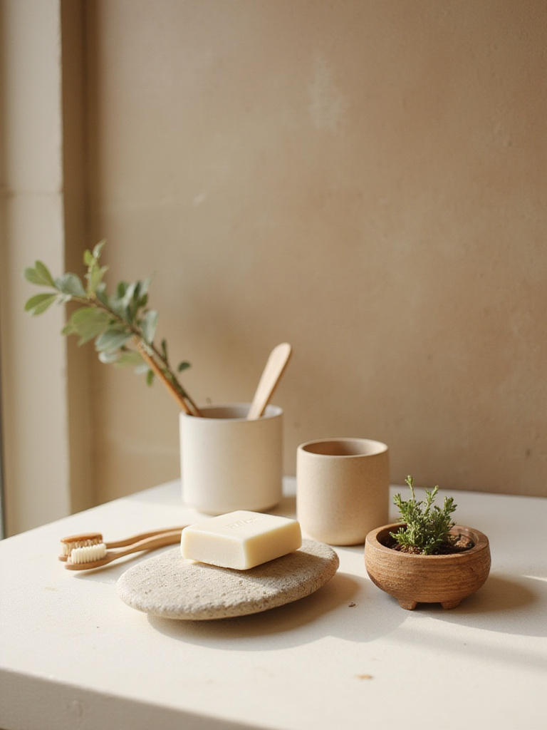 Organic bathroom counter with nude and earthen aesthetic, featuring a polished river stone, handcrafted ceramic cup with bamboo toothbrushes, and a reclaimed teak wood tray with eucalyptus, under soft natural light.