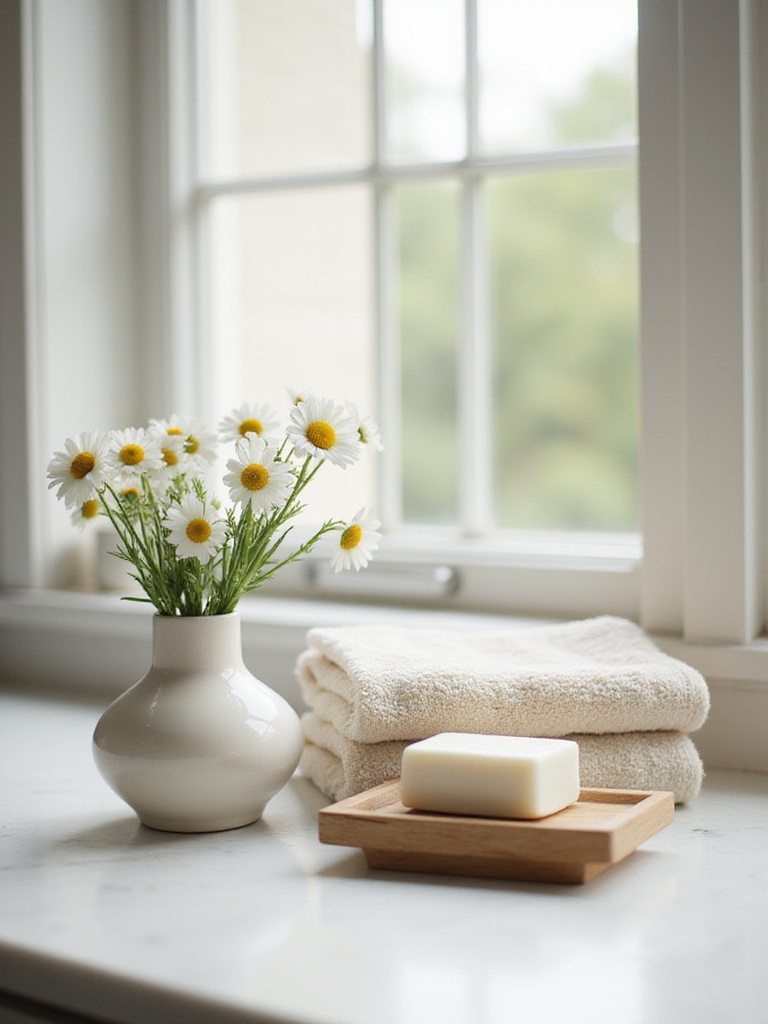 A serene organic bathroom counter with a small ceramic vase holding delicate fresh white daisies, alongside neatly folded soft white organic cotton towels and a natural wood soap dish, bathed in soft daylight.