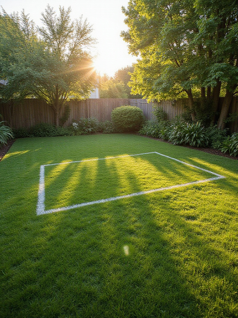 Aerial view of a backyard with chalk lines marking a new deck footprint, emphasizing careful measurement and planning before construction.