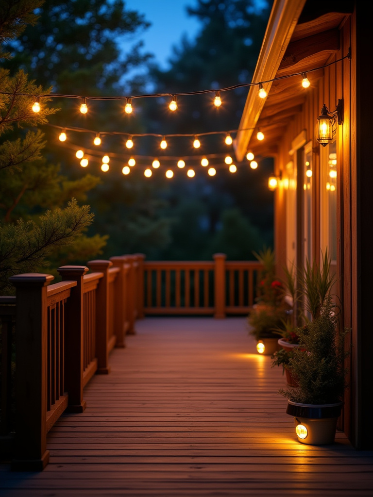 An illuminated deck at twilight with warm string lights strung overhead and solar-powered path lights on the deck floor, creating a cozy and inviting atmosphere.