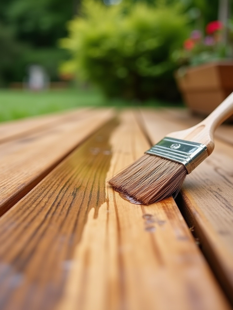 Closeup of a wooden deck board being treated with a brush applying wood sealant, highlighting the importance of annual deck maintenance and protection.