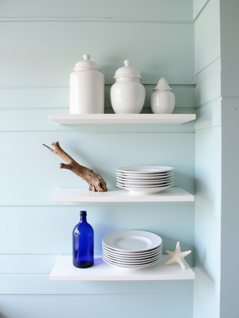 A portrait view of beautifully arranged open shelving in a coastal kitchen, featuring white ceramic ginger jars, natural driftwood, and blue glass bottles, perfectly curated for a serene look.