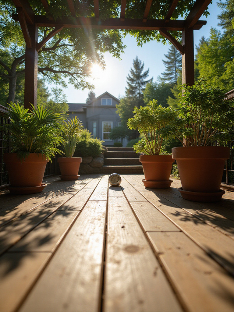 A deck showing distinct areas of sunlight and shade, with appropriate plants thriving in each zone, illustrating effective sunlight and weather assessment for material and plant selection.