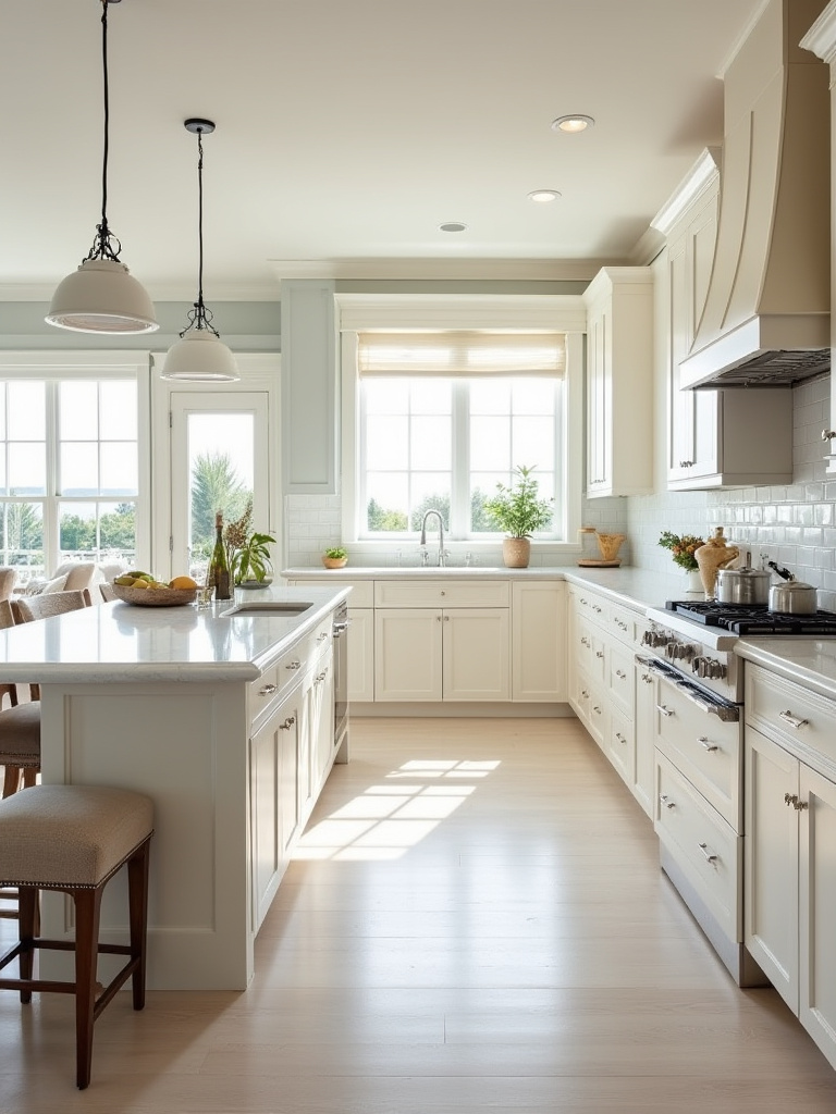 Open-concept coastal kitchen with a flowing layout, light cabinets, and bright natural light emphasizing spaciousness and airiness.