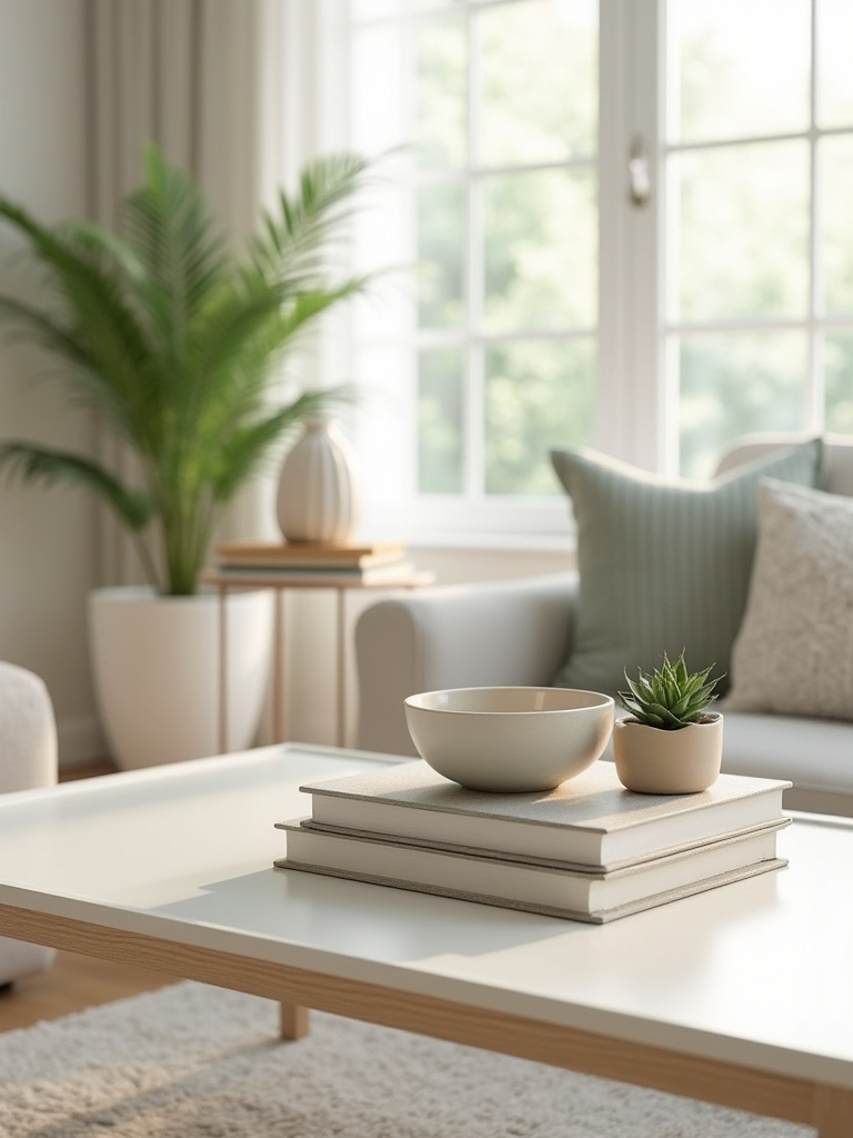 A modern coffee table expertly styled with a ceramic bowl, two art books, and a succulent, demonstrating a clutter-free and balanced arrangement to avoid common styling mistakes.