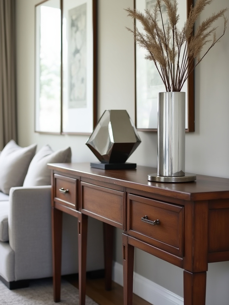 An eclectic living room vignette featuring a sleek gray linen contemporary sofa next to a dark wood 19th-century French empire-style console table, adorned with a contemporary geometric sculpture under soft natural light.