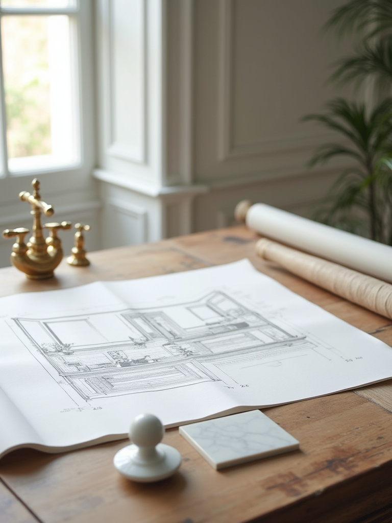 Traditional bathroom design samples on a drafting table, representing smart budgeting for authentic materials and quality fixtures.