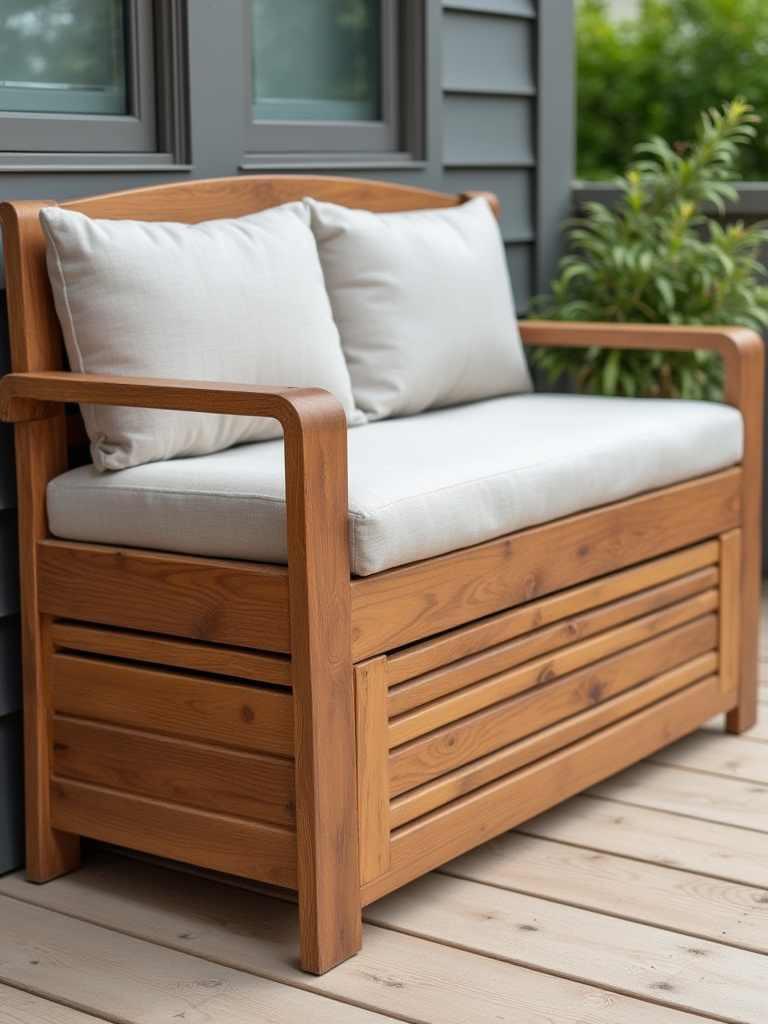 A stylish wooden deck storage bench with comfortable cushions, demonstrating how to maximize outdoor living space by combining seating and hidden storage on a budget-friendly deck.