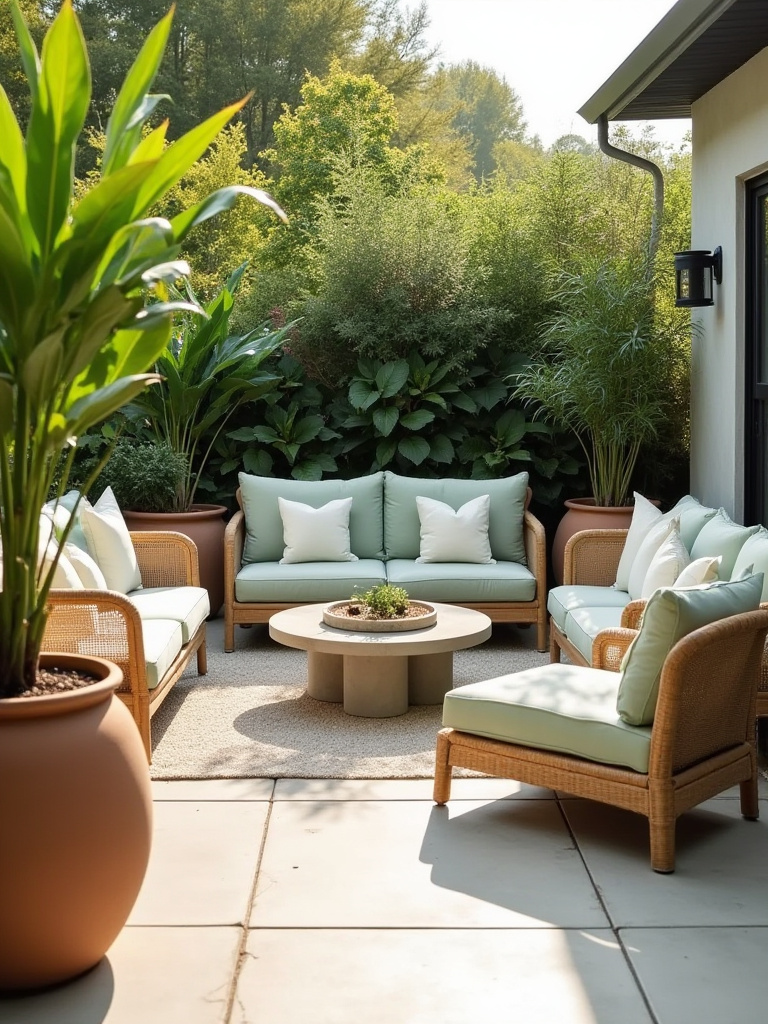 Outdoor deck with cohesive sage green and cream color palette, featuring rattan furniture, concrete table, and linen pillows, unified by complementary textures and vibrant greenery.