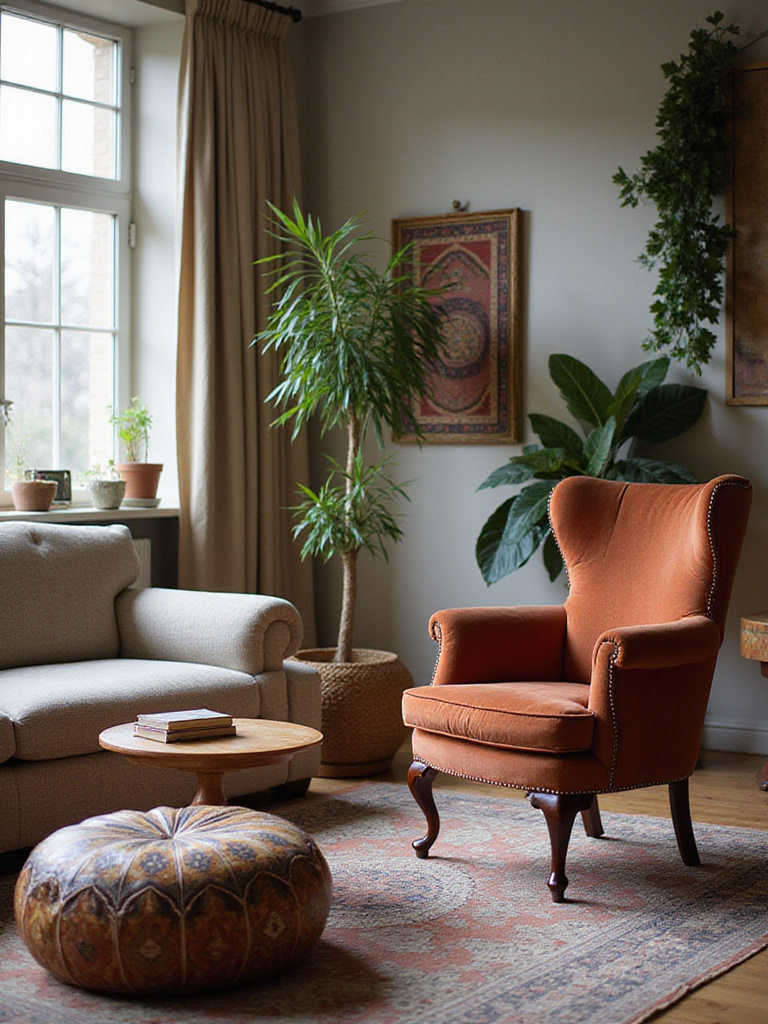 An eclectic living room with diverse seating: a plush velvet armchair, a sleek wooden bench with a sheepskin throw, and a textured floor pouf, all arranged invitingly around a coffee table, showcasing varied comfort options.