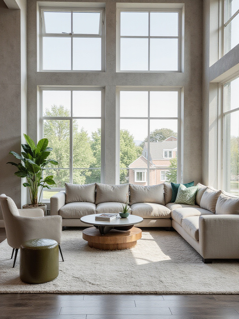 A beautifully styled living room featuring a round coffee table at the center, surrounded by a sofa and armchairs, demonstrating clear pathways and optimal traffic flow. The image highlights the aesthetic balance achieved by selecting the ideal coffee table shape for the layout.