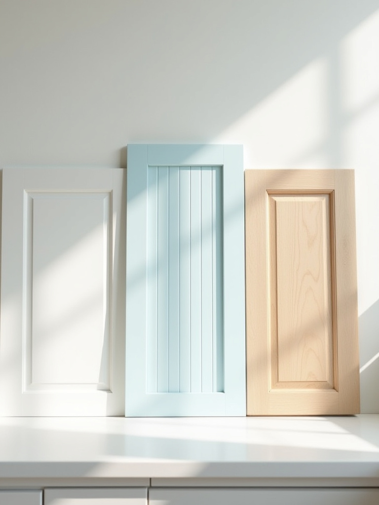Coastal kitchen cabinet door styles including white Shaker, blue Beadboard, and natural wood louvered doors, illuminated by soft natural light.