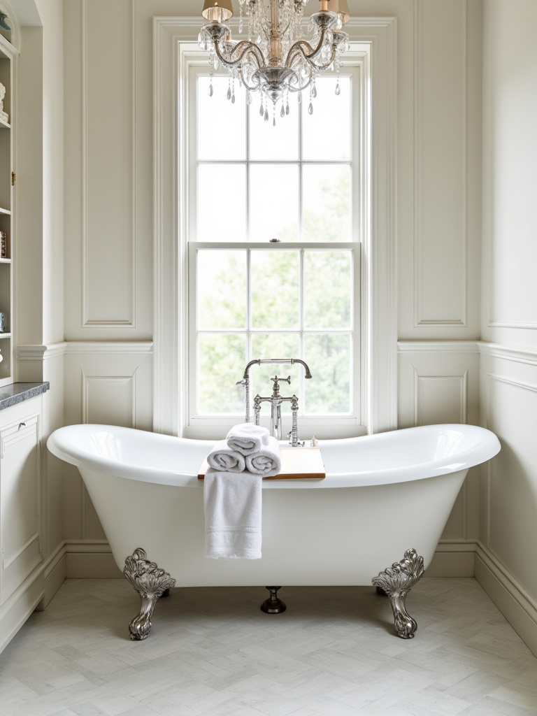 An elegant white roll-top freestanding bathtub with ornate feet in a luxurious traditional bathroom, featuring patterned tile flooring, soft window light, and polished chrome fixtures.