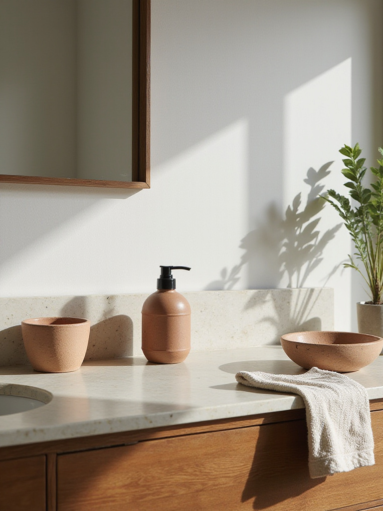Organic bathroom counter with bio-harmonious surfaces, featuring reclaimed wood vanity, natural stone countertop, ceramic containers, organic cotton towels, and terracotta dish, professionally photographed in soft natural light.