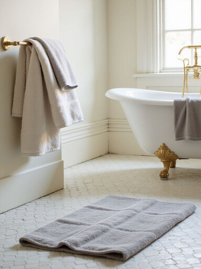 A stack of plush ivory and soft grey Egyptian cotton towels on a brass rack, with a coordinating bath mat on classic tile in a traditional bathroom, highlighting luxurious textures and complementary colors.