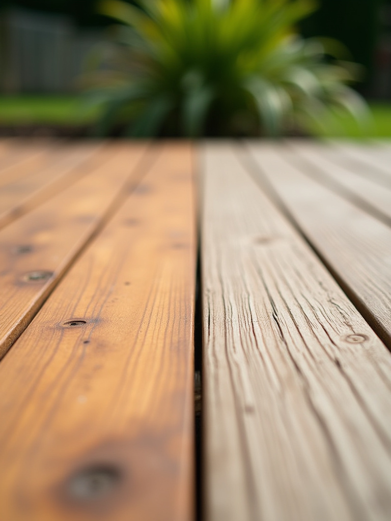 An outdoor deck displaying a clear side-by-side comparison of natural wood stained pine decking next to smooth composite decking, highlighting texture and color differences.