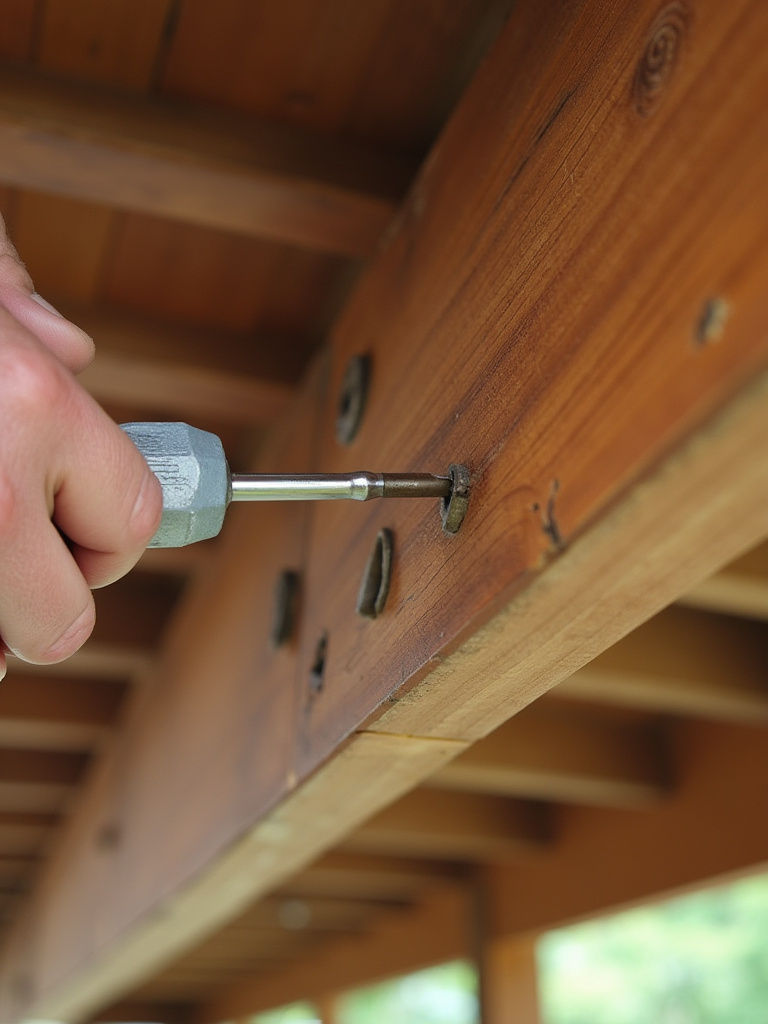 Close-up, low-angle photo of a hand with a screwdriver probing the underside of a weathered wooden deck joist, emphasizing a structural safety inspection for rot or damage.