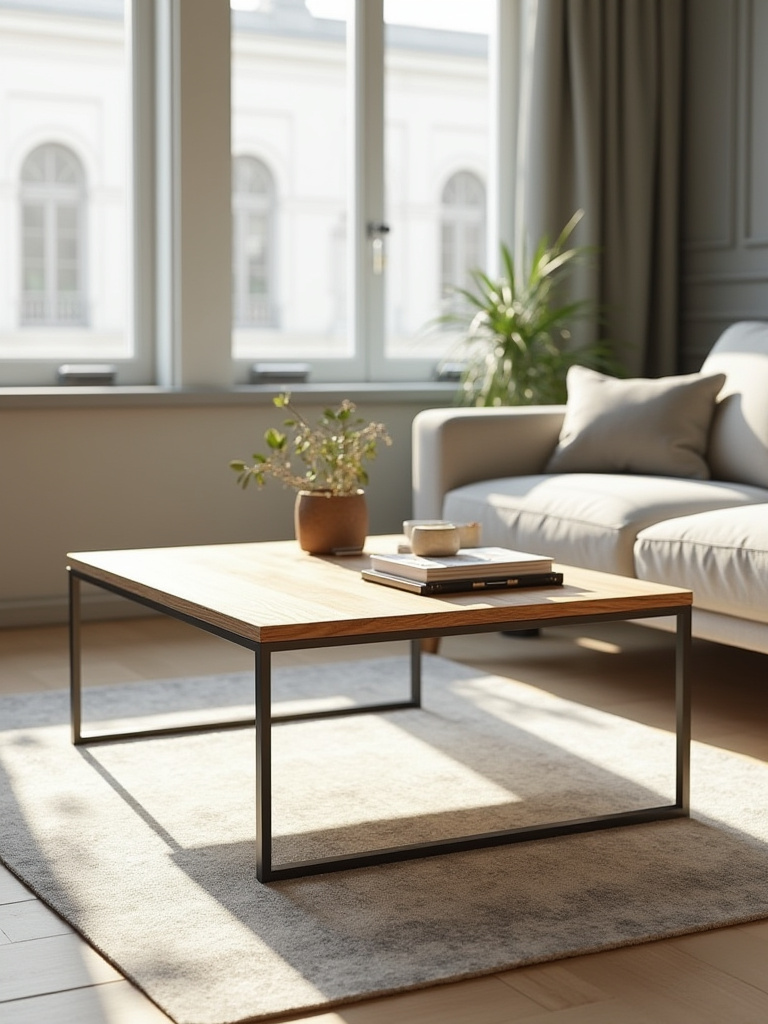 A modern, lightweight coffee table in a contemporary living room, designed for easy portability and flexible rearrangement. Shows a coffee table that looks easy to move on a light-colored floor.