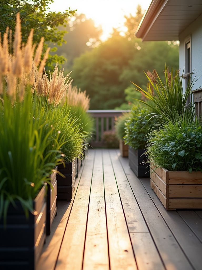 A serene deck with DIY container gardens offering greenery and privacy, featuring tall grasses and lush plants in repurposed planters under golden hour light.
