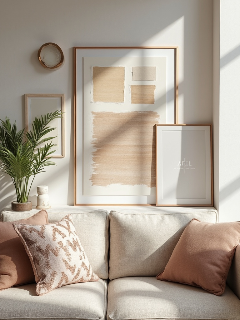 A visually harmonious digital mood board concept displaying eclectic living room design elements like furniture swatches, art, and textures under natural light.