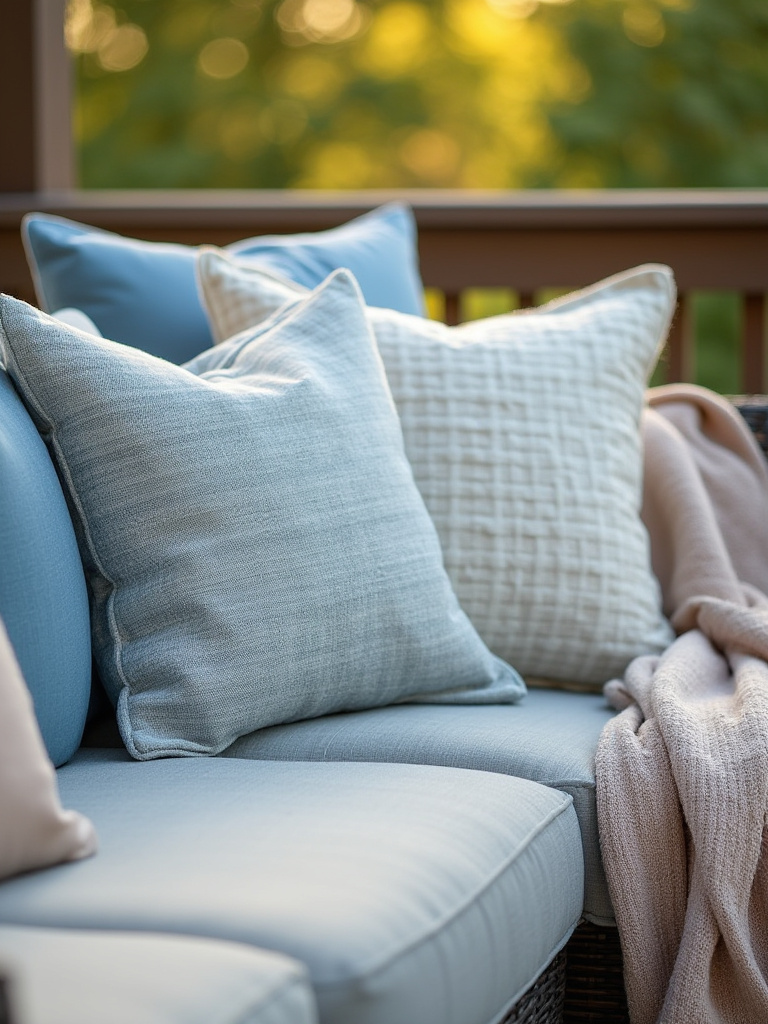 Close-up of stylish outdoor throw pillows in shades of blue and cream and a folded knit blanket on a modern grey outdoor sofa on a deck, enhancing comfort and decor.
