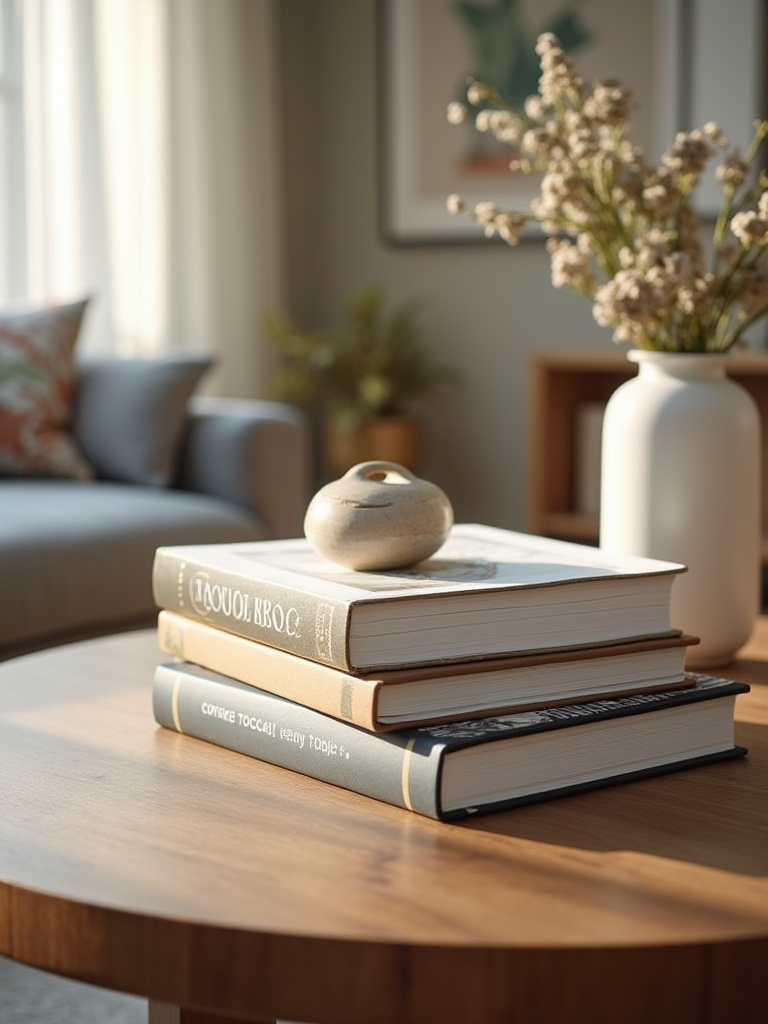 Curated stack of elegant coffee table books on a modern coffee table, showcasing diverse interests, illuminated by soft natural light. No people.