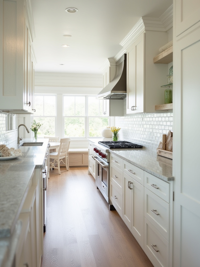 A beautifully designed coastal kitchen featuring custom cabinets with varied depths and heights, optimized for storage and a serene aesthetic.