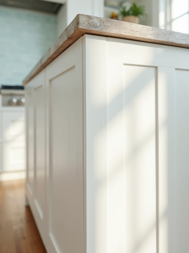A close-up comparison in a coastal kitchen showing a distressed white cabinet finish next to a smooth white cabinet finish, highlighting texture differences under natural light.