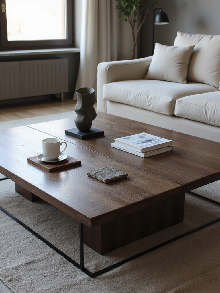 Multi-functional coffee table demonstrating storage, display, and entertainment uses in a modern living room.