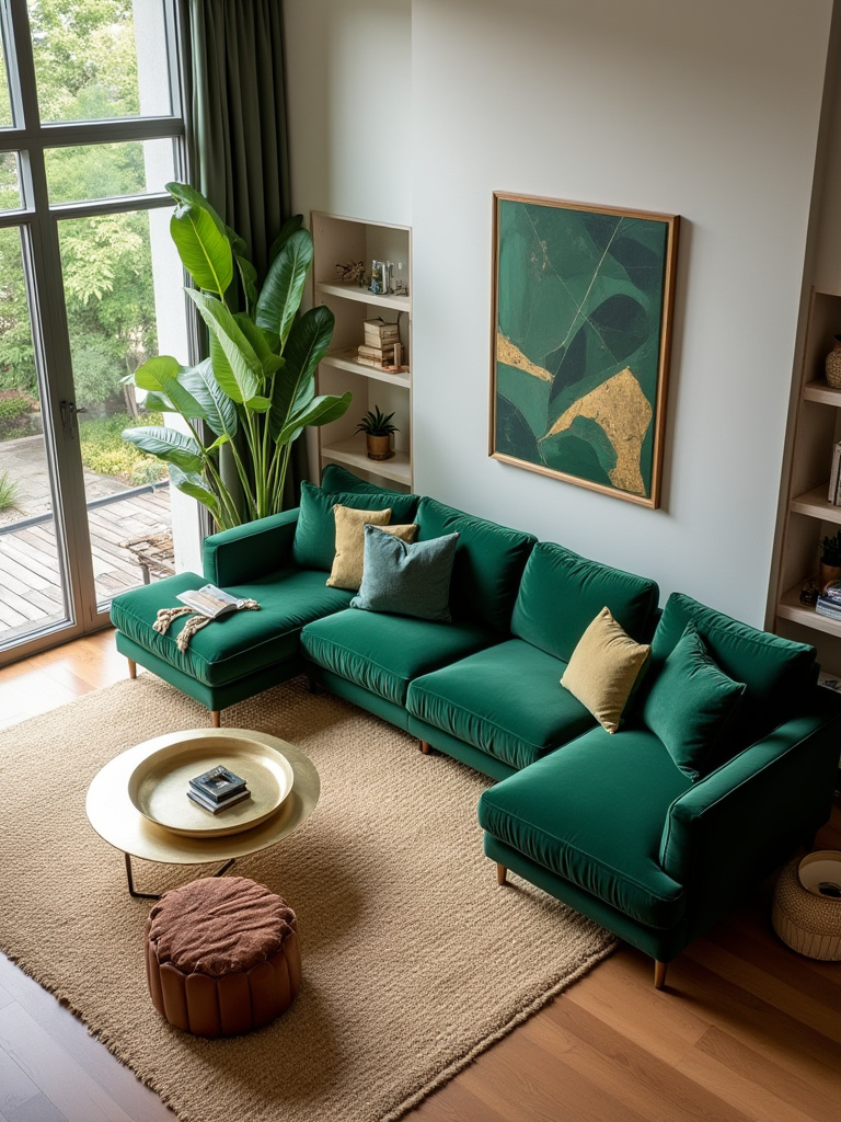 A sophisticated eclectic living room featuring a forest green velvet sectional sofa as the core aesthetic anchor, surrounded by various harmonized decor elements.