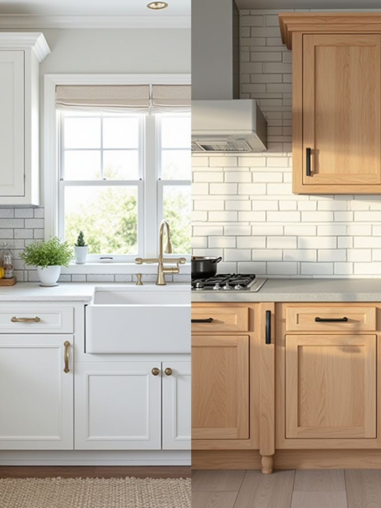 A split image showing two distinct coastal kitchen cabinet styles: elegant white Hamptons shaker cabinets with chrome hardware on the left, and natural light oak rustic beach house cabinets with matte black hardware on the right, defining different coastal aesthetics.