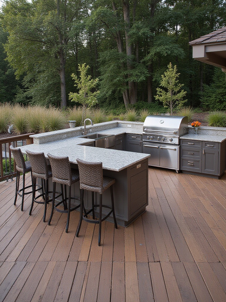 A modern and functional outdoor kitchen and bar area on a spacious wooden deck, featuring built-in grill, sink, refrigerator, granite countertops, and stylish bar seating, ideal for entertaining.