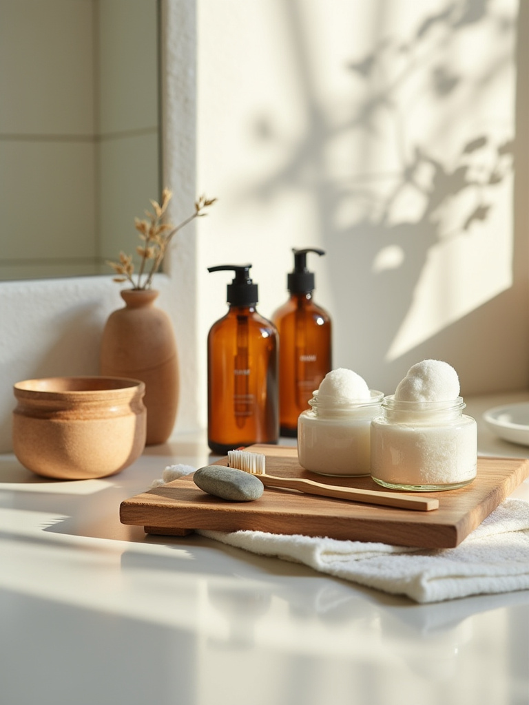 A meticulously organized organic bathroom counter with amber glass bottles, ceramic jars, and natural wood trays, suggesting a serene and mindful self-care ritual space.