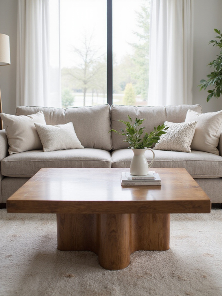 A modern living room showing a coffee table perfectly proportioned to the sofa, creating visual balance and harmony.