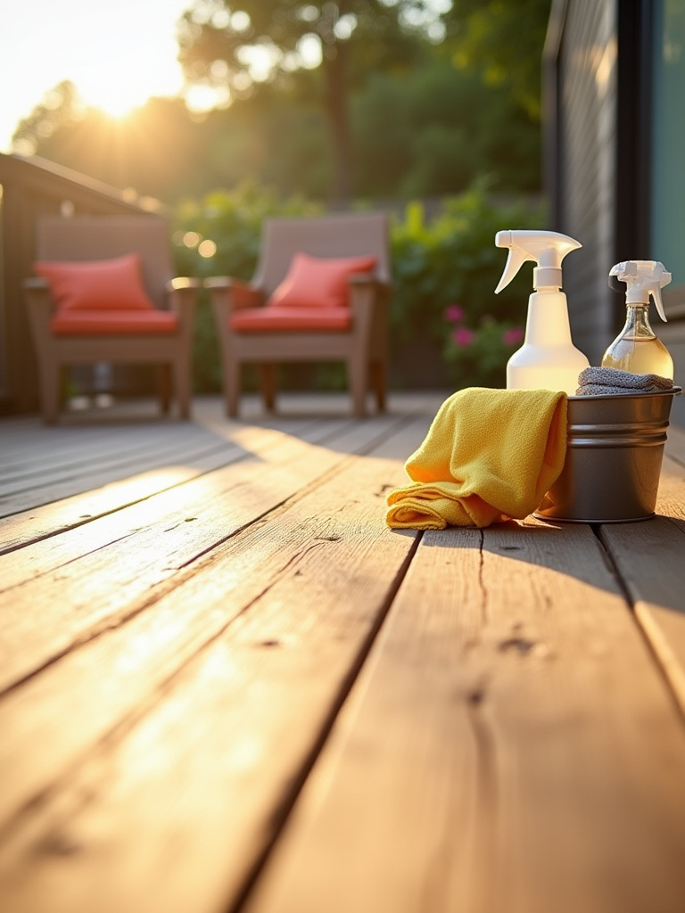 Spotless wooden deck with clean outdoor furniture and neatly organized cleaning supplies, illustrating an effective deck cleaning routine.