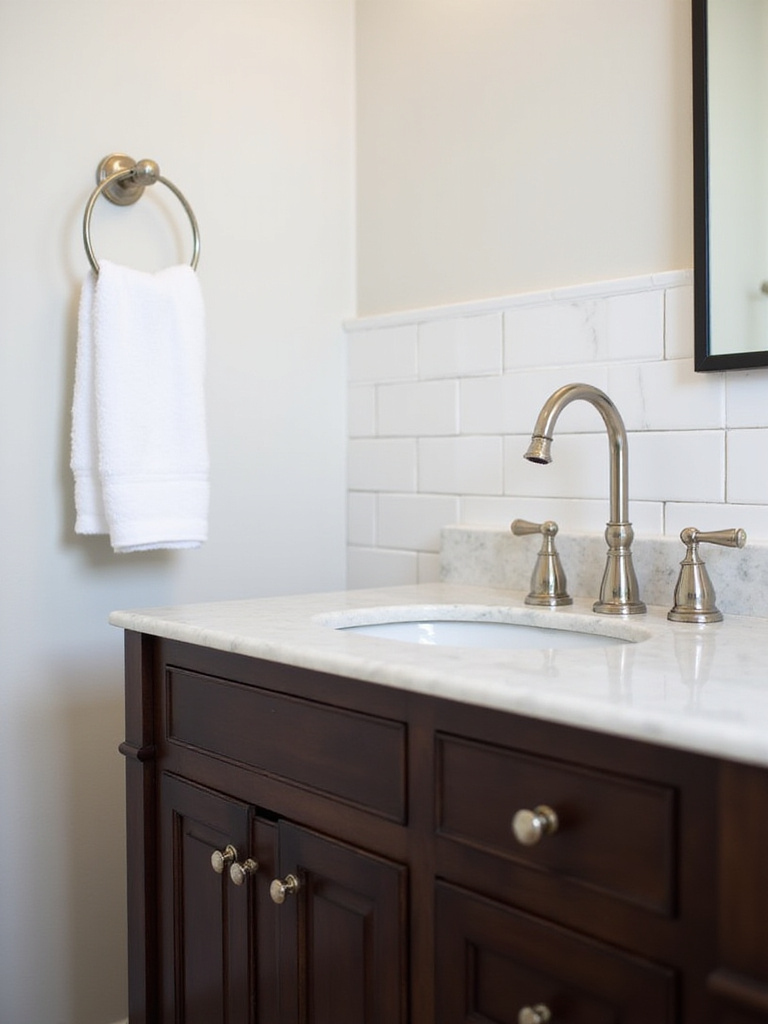 Close-up of a traditional bathroom vanity featuring polished nickel faucet, cabinet pulls, and towel bar, demonstrating consistent hardware finishes.