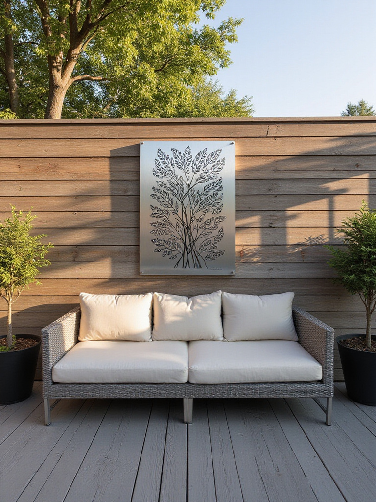 Modern deck wall featuring a large, laser-cut metal botanical outdoor art sculpture, enhancing the space with character and a focal point.